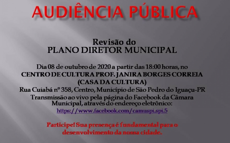 Audiência Pública no dia 08 de outubro às 18h00min